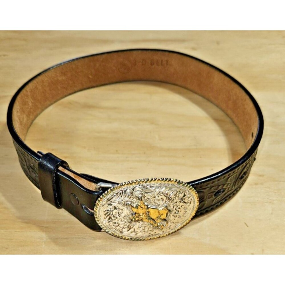 Youth Boys Belt Brown Leather 3D Bull Rider Buckle Silver Gold 20 Inch Western
